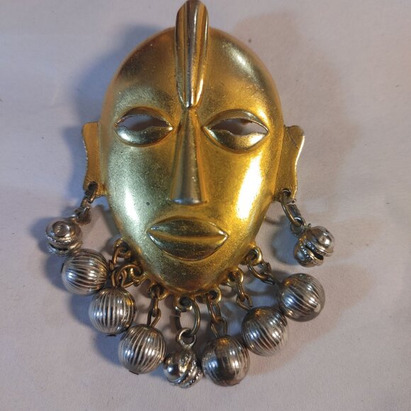Large Tribal Mask Brooch Pin Mayan Aztec African Vintage Dangling Silver Balls - Picture 3 of 13